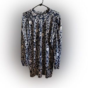 Zara Floral Jacquard Short Dress Round Neckline and Long Sleeves Blue Size small